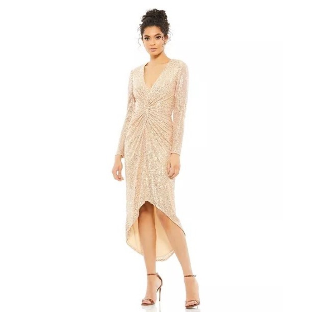 Ieena Mac Duggal Sequin V Neck Twist Front High Low Midi Dress Rose Gold Size 2